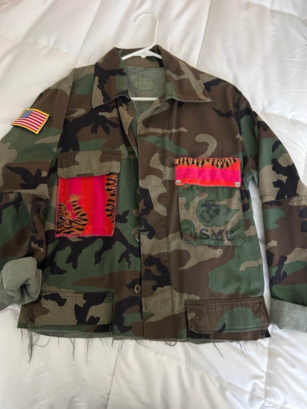 Custom Camo Military Jacket with Neon Tiger Patches